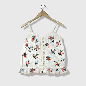 Anthropologie Embroidered Camisole Top Women Size 0 White Floral Boho Peplum